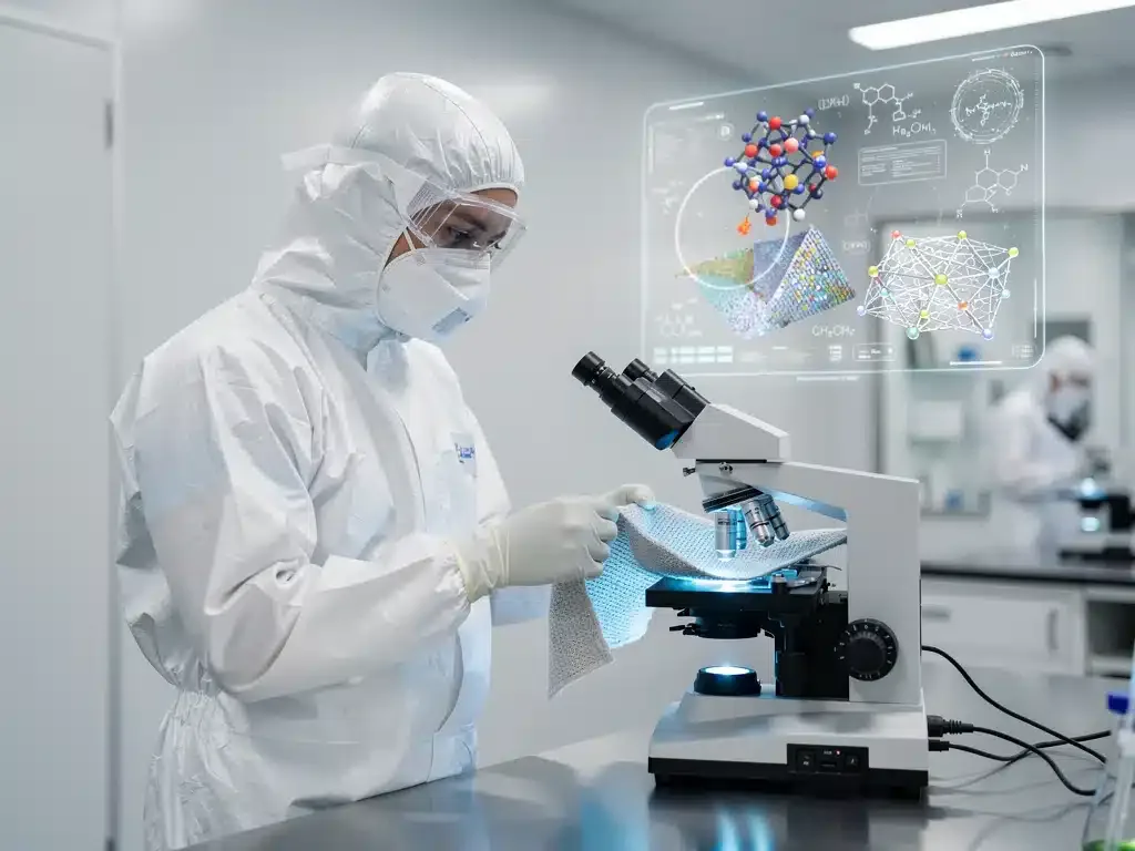 Científico examinando tejido bajo microscopio, con estructuras moleculares de nanotecnología textil.