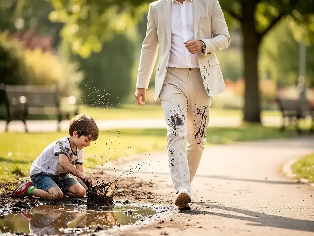 Persona con ropa elegante antimanchas, caminando por un parque con niños, su ropa impecable.
