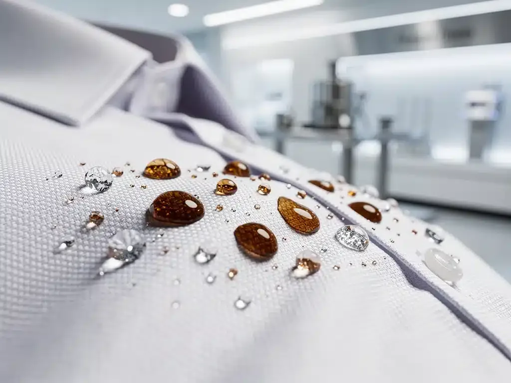 Tejido blanco de camisa repeliendo gotas de café y agua, demostrando la nanotecnología antimanchas.