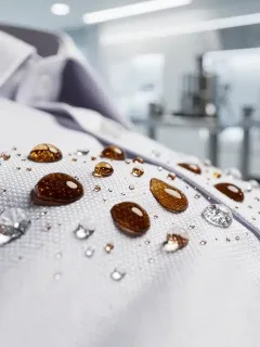 Tejido blanco de camisa repeliendo gotas de café y agua, demostrando la nanotecnología antimanchas.