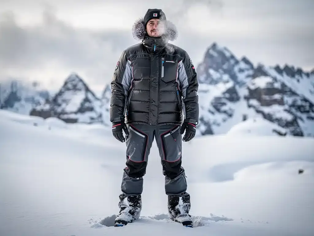Persona con ropa térmica avanzada en un paisaje nevado, destacando el aislamiento superior para invierno.