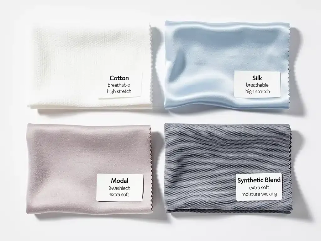 Muestras de telas para ropa interior: algodón, seda, modal y sintéticos, con sus propiedades clave.