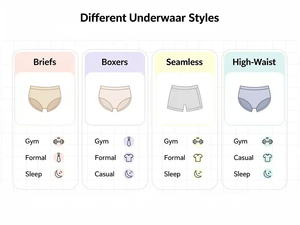 Infografía de estilos de ropa interior y sus usos recomendados para diversas actividades y atuendos.