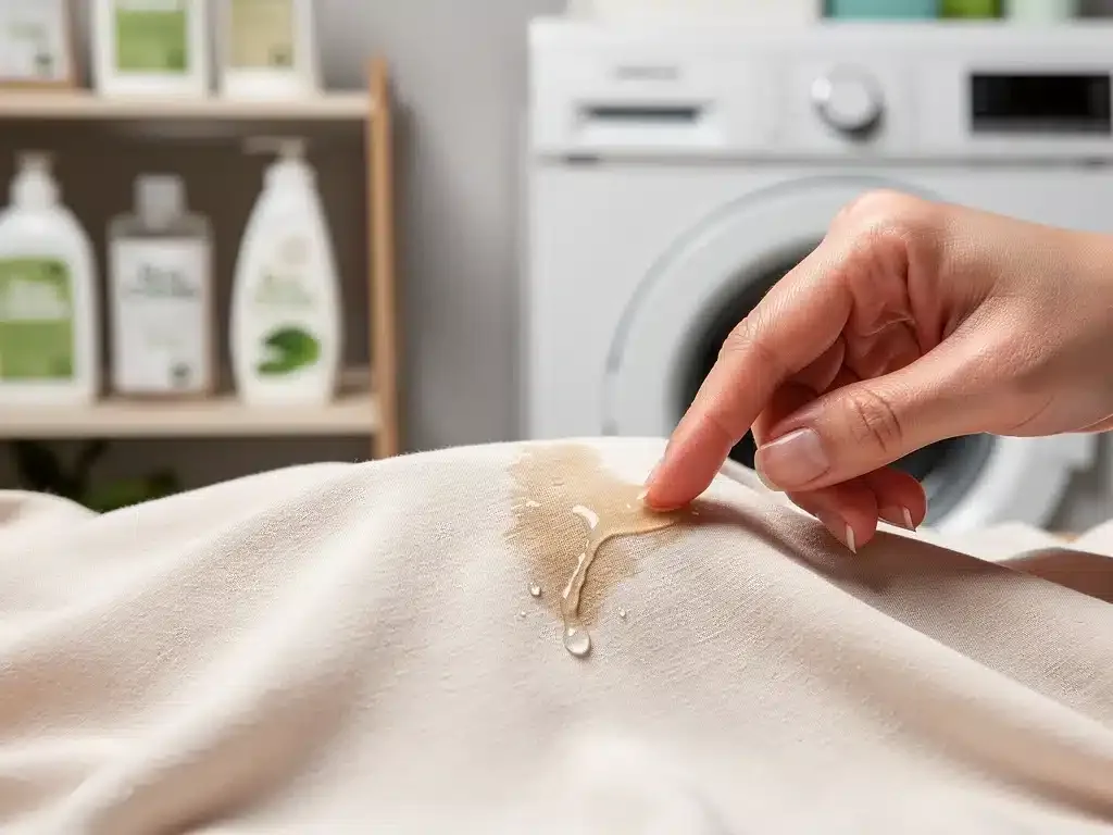 Mano aplicando quitamanchas en una tela delicada, mostrando el pretratamiento.