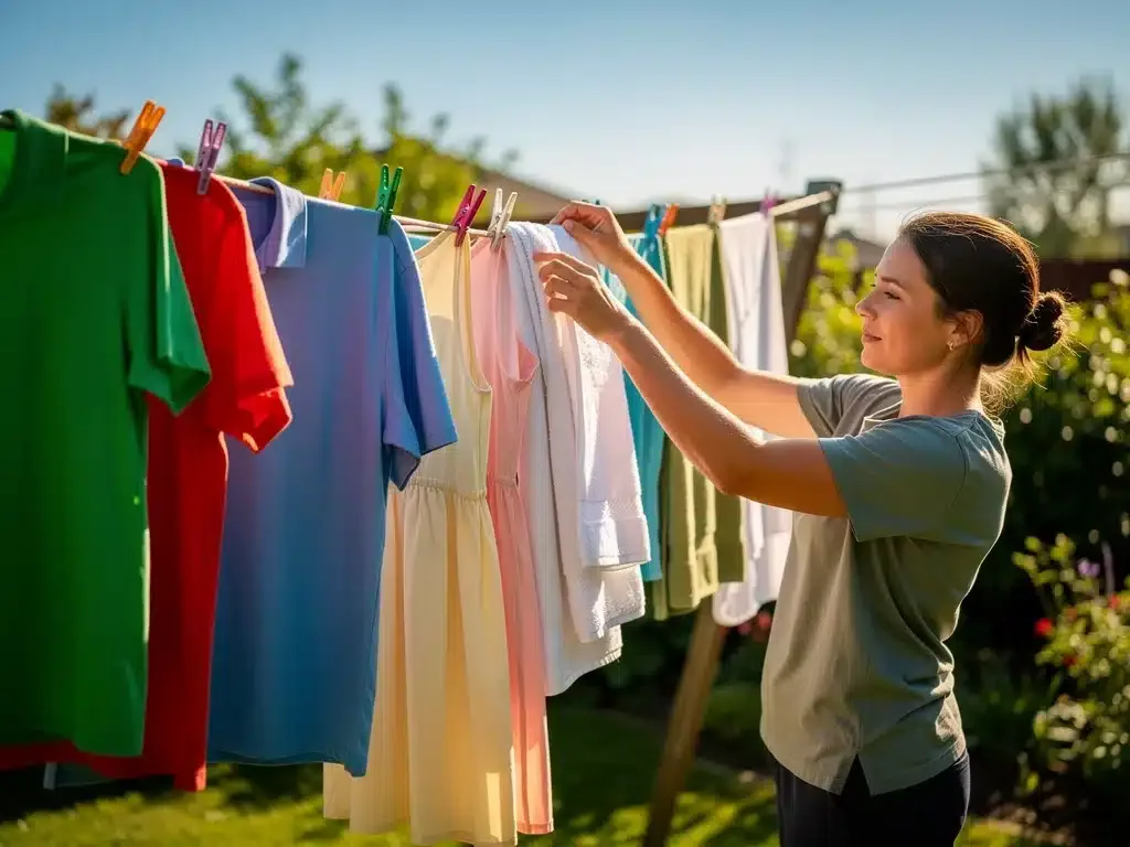 Persona colgando ropa al aire libre para secar, destacando el secado natural.