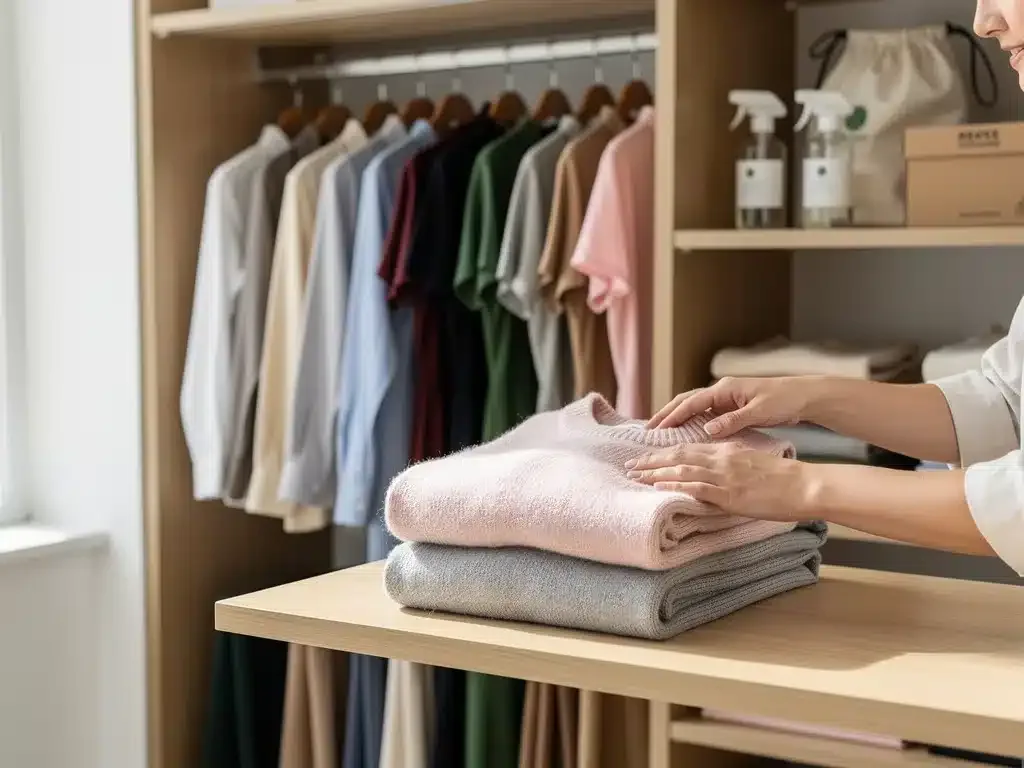 Armario organizado con ropa bien cuidada, mostrando prendas en excelente estado.