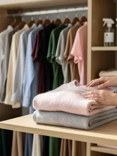 Armario organizado con ropa bien cuidada, mostrando prendas en excelente estado.