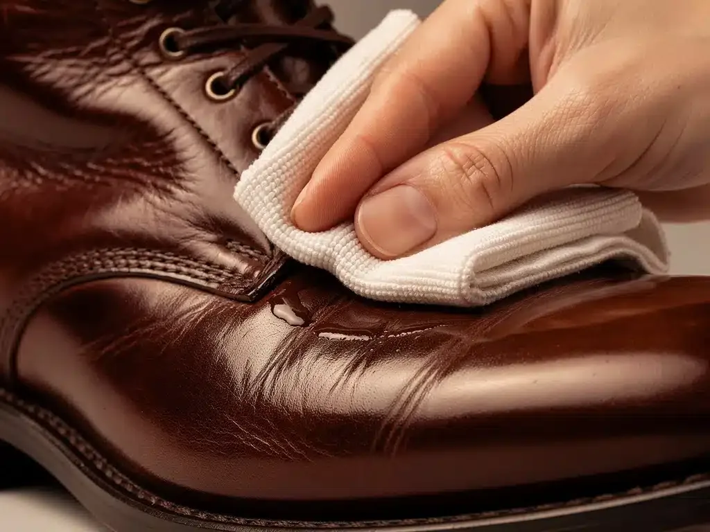 Aplicación de acondicionador a bota de cuero para hidratación.