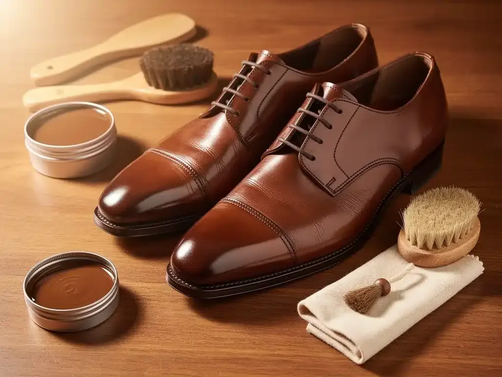 Zapatos de cuero lustrados y bien cuidados con productos de mantenimiento.