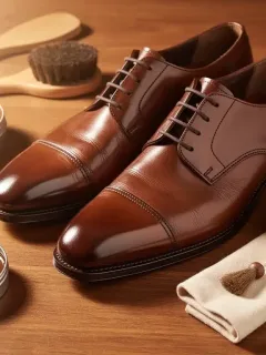 Zapatos de cuero lustrados y bien cuidados con productos de mantenimiento.