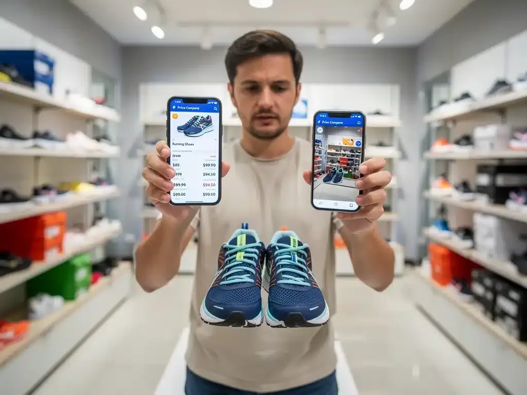 Consumidor comparando precios de calzado en su teléfono inteligente en una tienda.