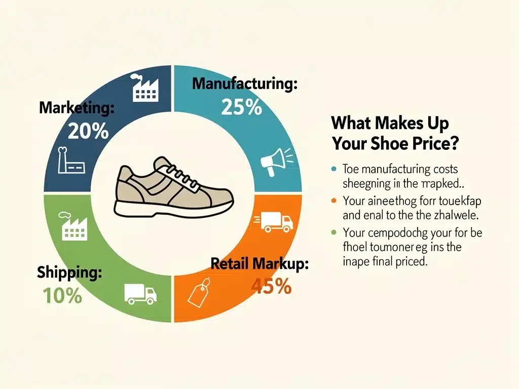 Gráfico que desglosa los componentes del precio final de un par de zapatos, mostrando costos de producción y margen.