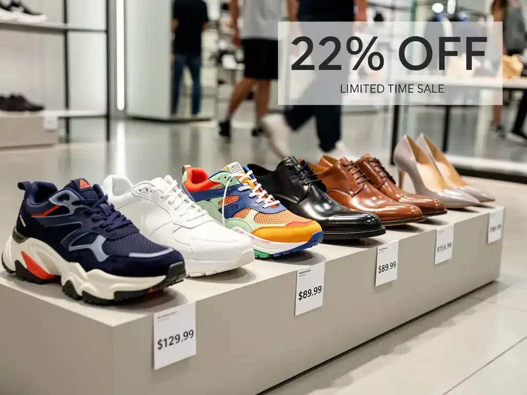 Zapatos en exhibición con etiquetas de precio y señal de descuento del 22%, representando ahorro en calzado.