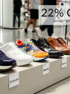 Zapatos en exhibición con etiquetas de precio y señal de descuento del 22%, representando ahorro en calzado.