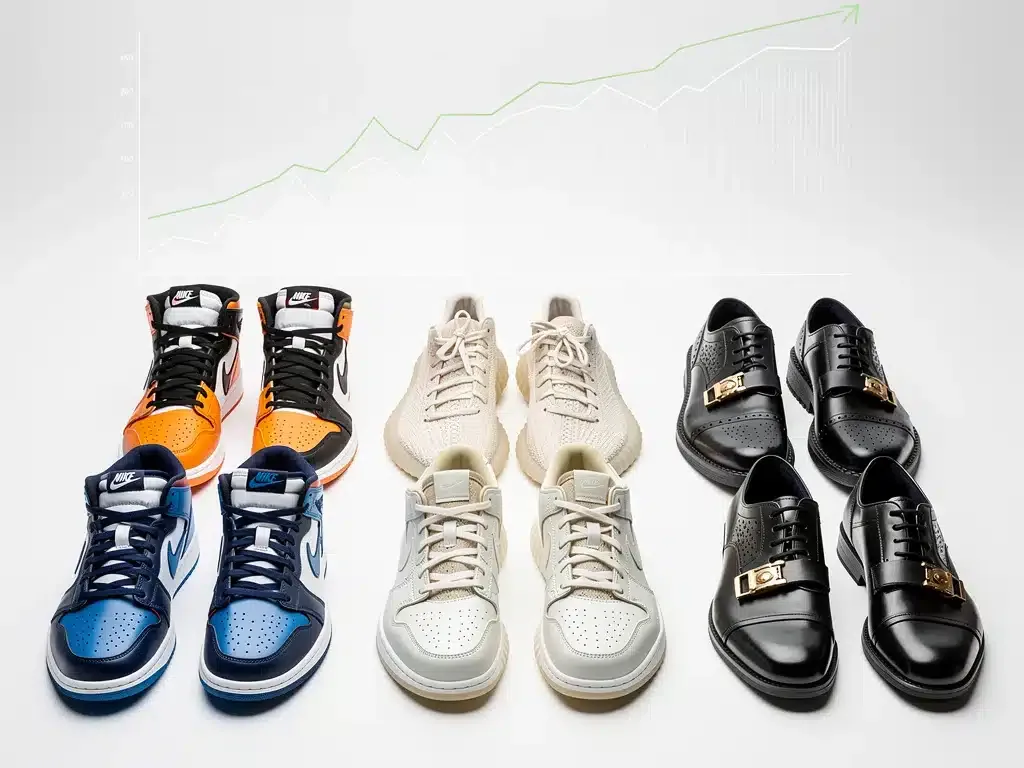 Zapatillas y calzado de lujo en perfecto estado, simbolizando una inversión inteligente y su valor sostenido en el mercado secundario.