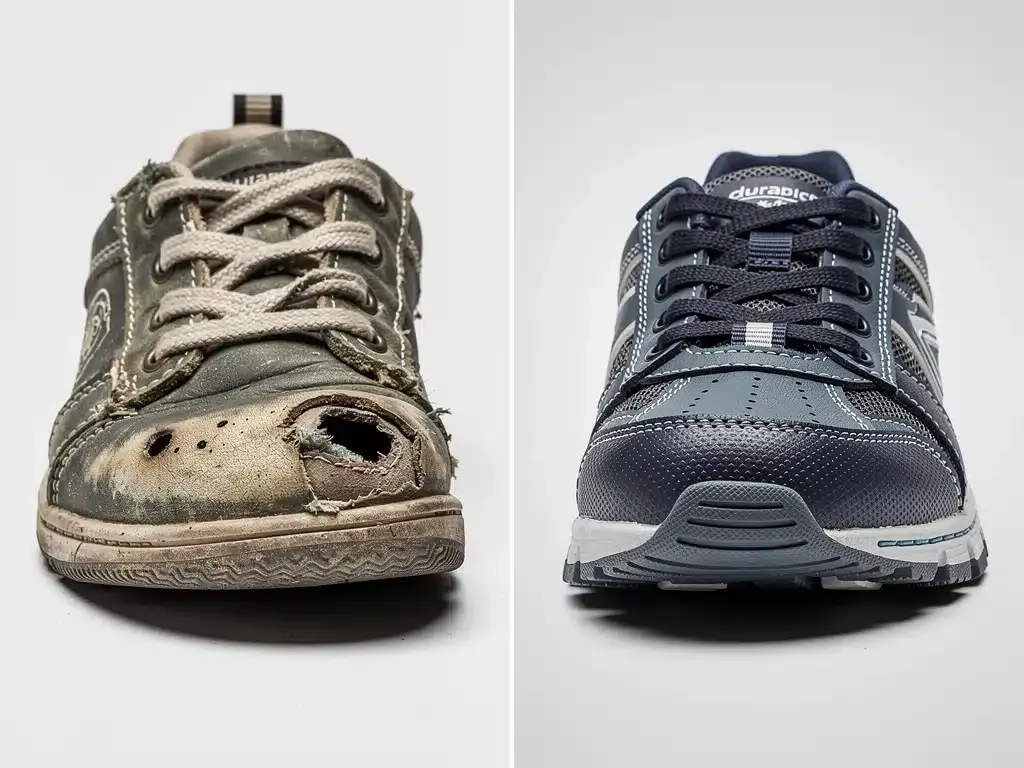 Comparación visual entre un zapato infantil desgastado y uno nuevo de alta durabilidad.