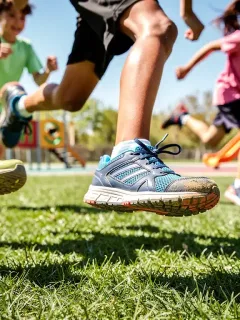 Niños jugando con calzado duradero en un parque, simbolizando resistencia y diversión.
