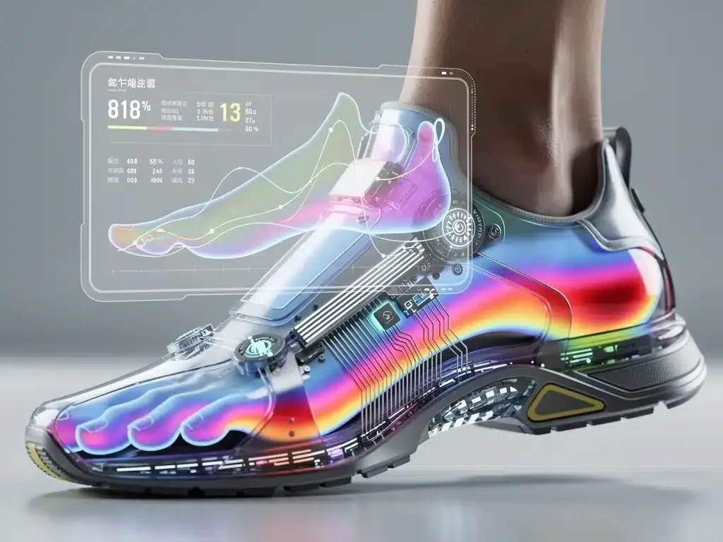 Pie dentro de un zapato inteligente con sensores visibles y análisis de pisada en pantalla transparente.