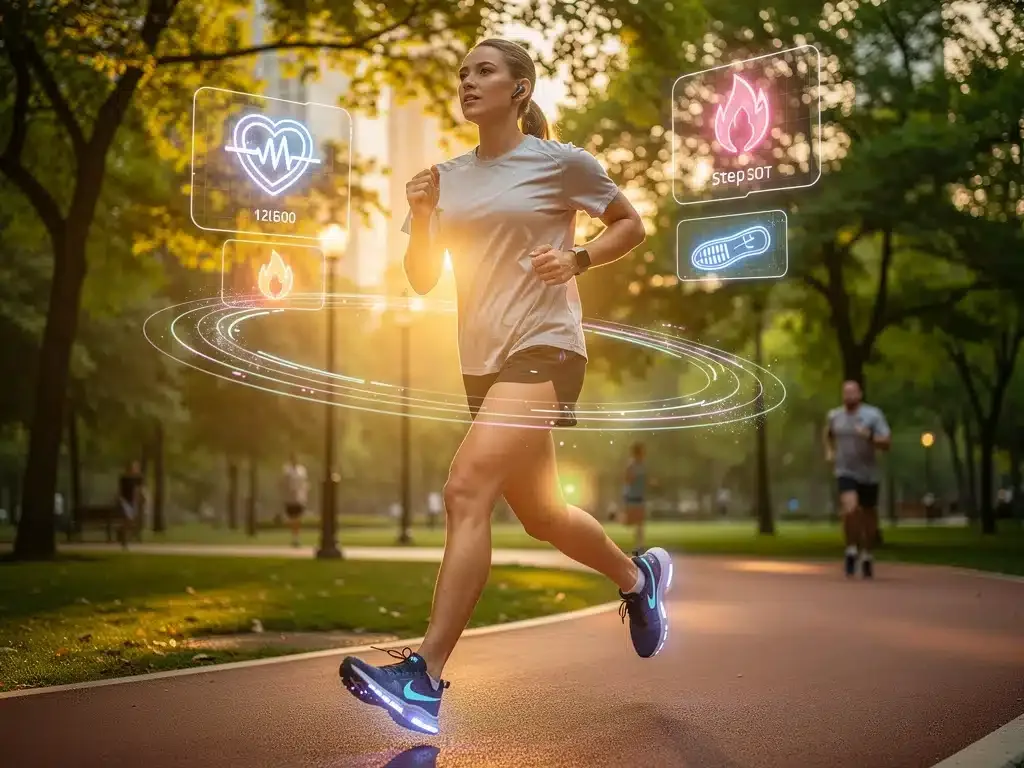 Persona trotando con calzado inteligente, mostrando métricas de salud en tiempo real en una proyección holográfica.