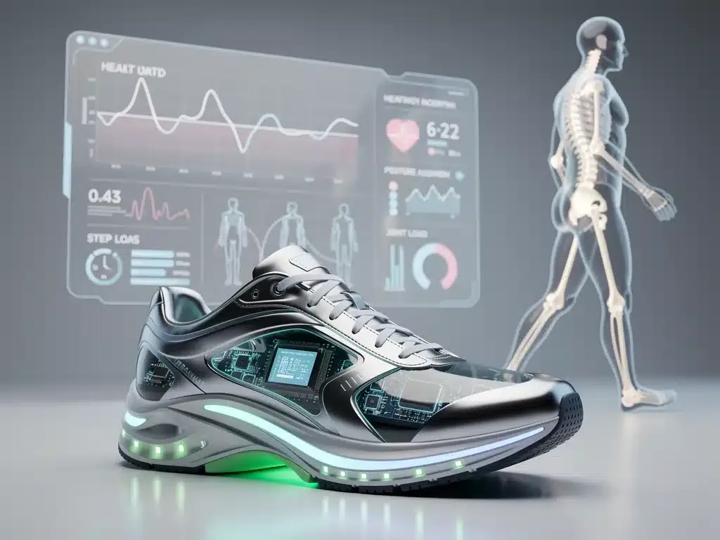 Calzado inteligente con sensores luminosos en un entorno futurista, mostrando datos de salud y una persona caminando con postura mejorada.