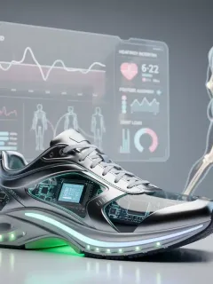 Calzado inteligente con sensores luminosos en un entorno futurista, mostrando datos de salud y una persona caminando con postura mejorada.