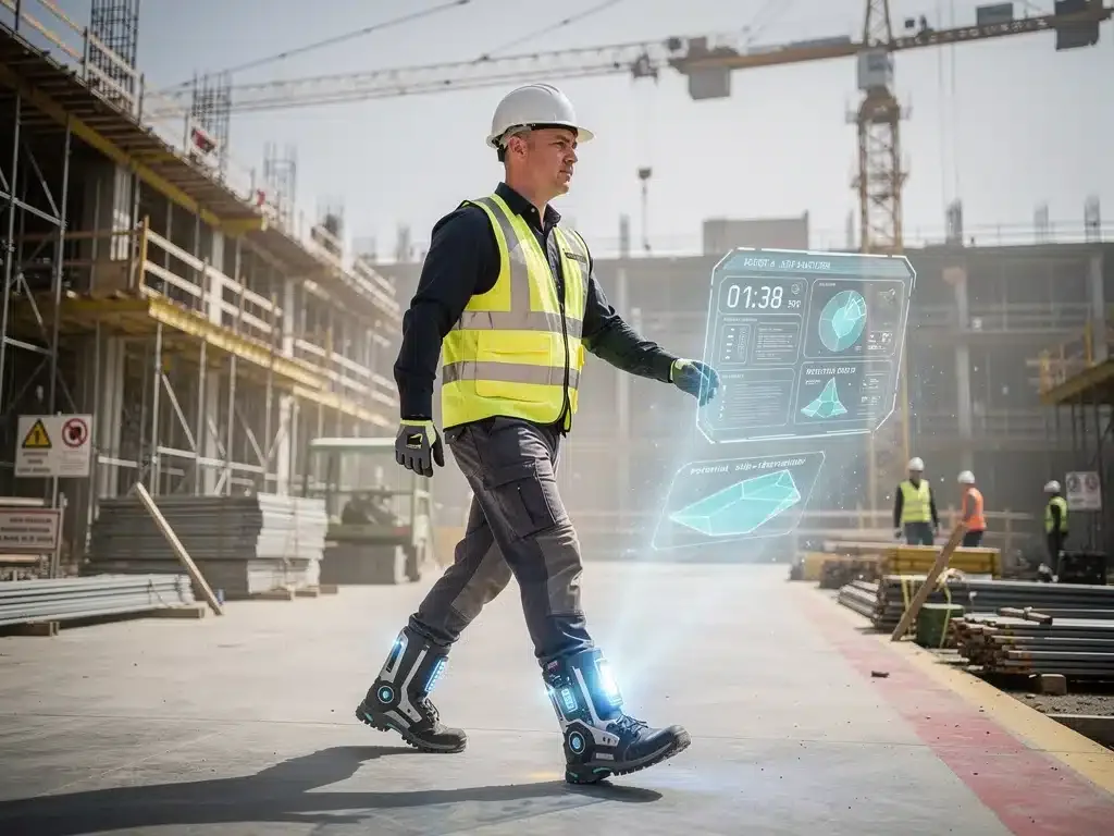 Trabajador con botas de seguridad inteligentes mostrando datos en tiempo real en un sitio de construcción.