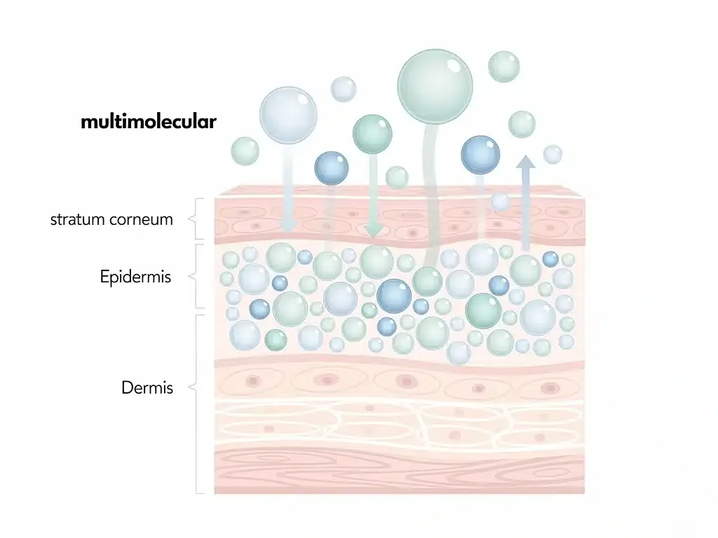 Representación visual de moléculas de ácido hialurónico de diferentes pesos moleculares penetrando la piel.