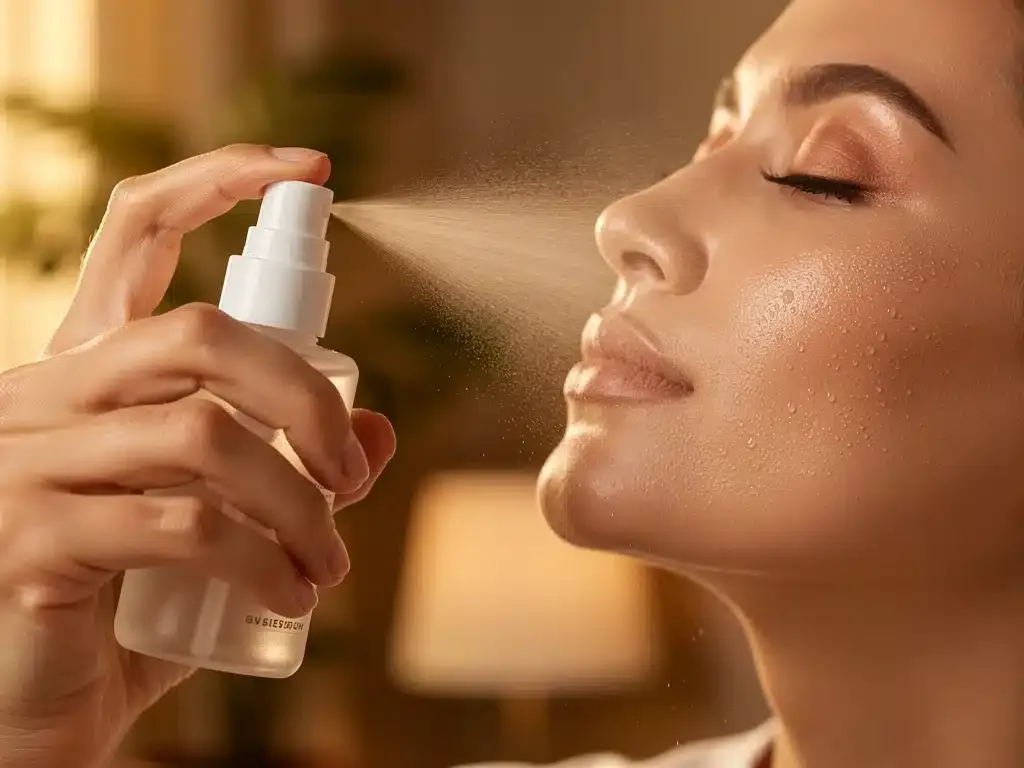 Mano aplicando bruma facial sobre rostro hidratado para potenciar efecto de ácido hialurónico.