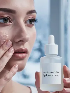 Mujer aplicando sérum de ácido hialurónico multimolecular en rostro con piel seca en ambiente frío.