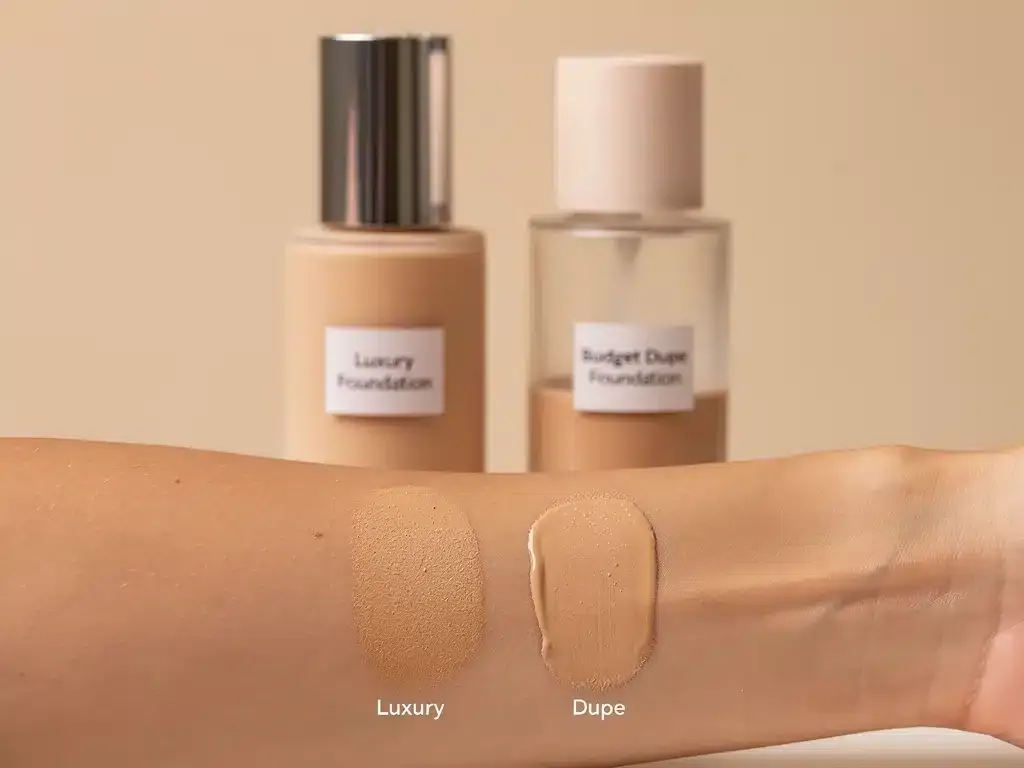 Comparativa de bases de maquillaje, una de alta gama y su alternativa accesible.