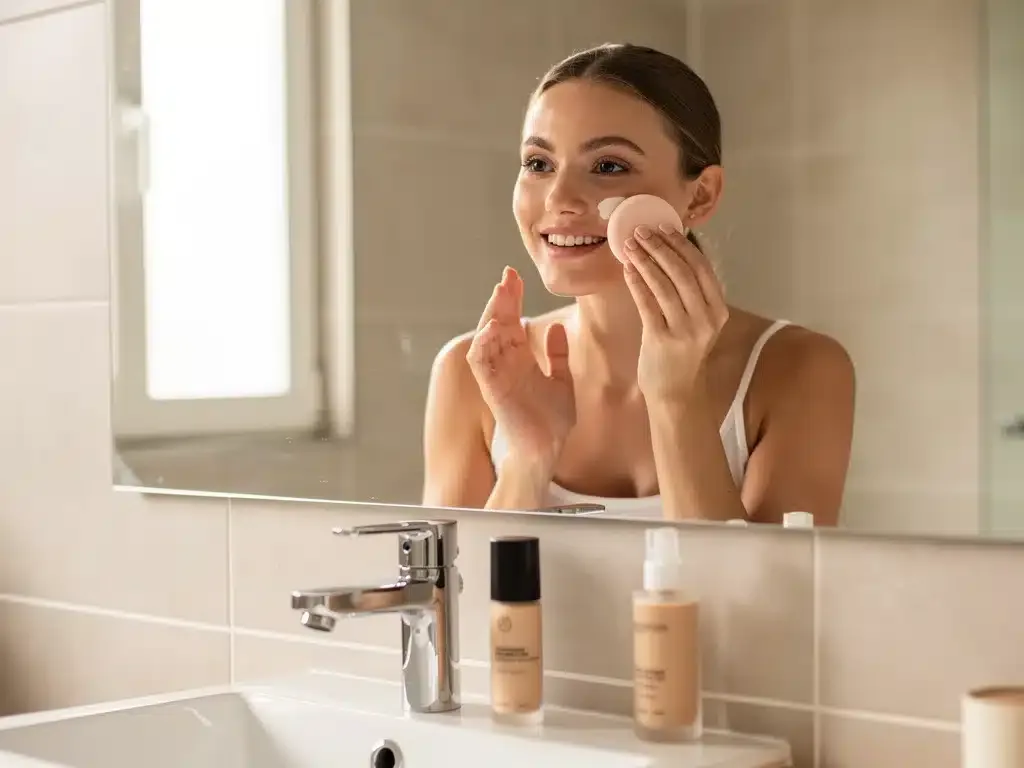 Mujer aplicando base de maquillaje económica con una esponja, demostrando su facilidad de uso.