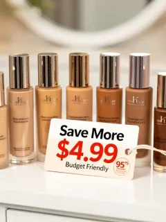 Variedad de bases de maquillaje accesibles en Estados Unidos, mostrando alternativas económicas.
