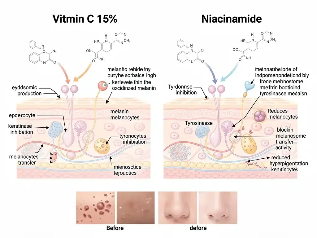 Mecanismo de acción de Vitamina C y Niacinamida en la piel