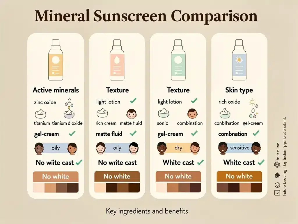 Tabla comparativa de ingredientes y beneficios de protectores solares minerales para pieles latinas.