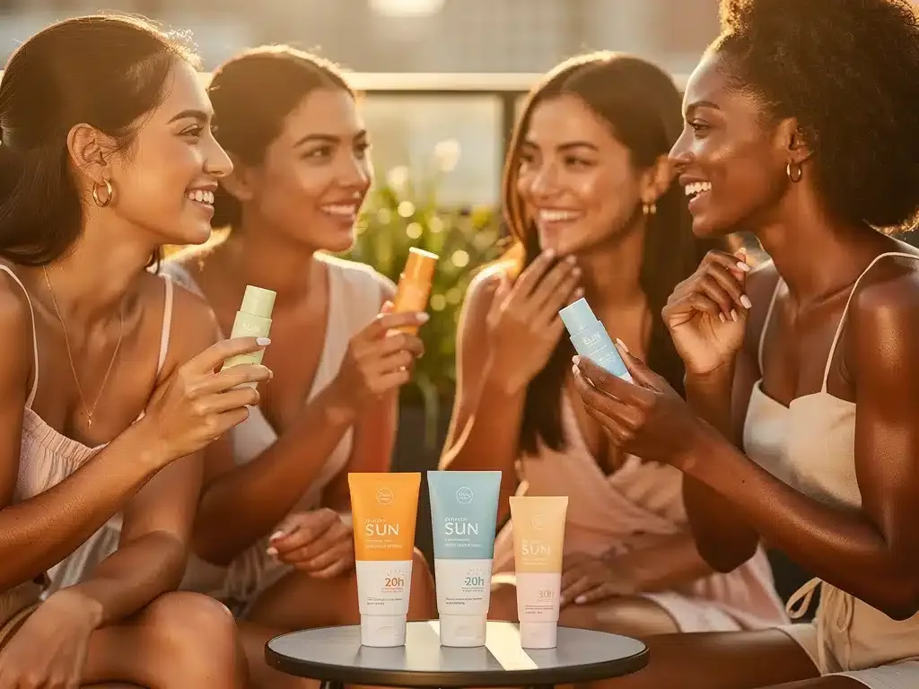 Mujeres latinas aplicando protector solar mineral sin rastro blanco en un día soleado.