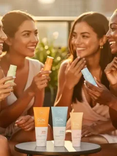 Mujeres latinas aplicando protector solar mineral sin rastro blanco en un día soleado.
