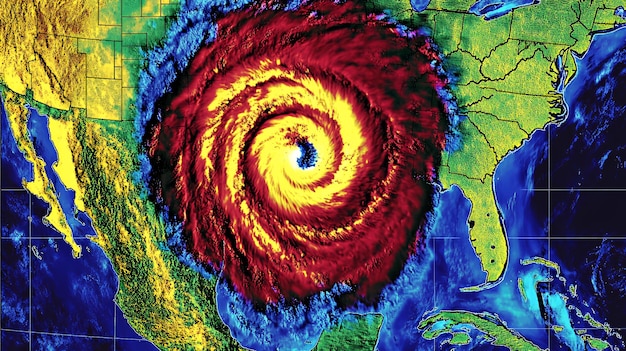 A satellite image showing a major hurricane approaching the coast of the United States, with UN weather monitoring symbols overlaid on the image to indicate early warning systems.