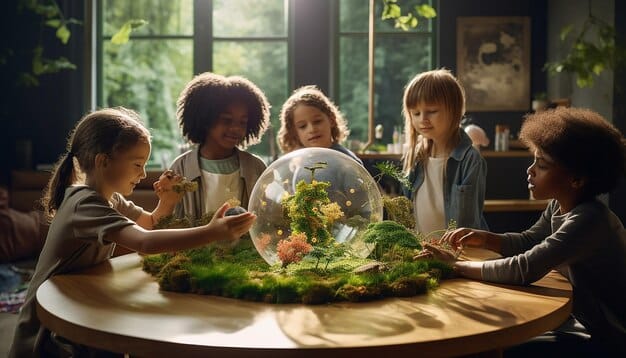 A group of children participating in a UNICEF-supported educational program in a temporary learning space after a natural disaster in the US, showing engagement and hope.