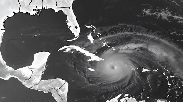 A satellite image showing the aftermath of a major hurricane hitting the US coast. The image highlights flooded areas, destroyed infrastructure, and the path of the storm. UN logos are overlaid to indicate areas where relief efforts are focused.