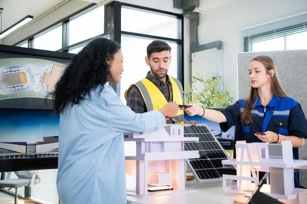A group of engineers and healthcare workers from a US non-profit installing solar panels and setting up a mobile clinic in a rural African village, demonstrating a multi-faceted approach to sustainable development.