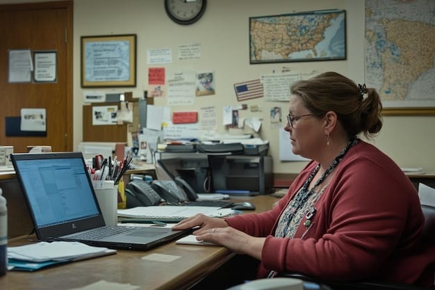A close-up shot of a UN auditor reviewing financial documents in a field office in the US, with a laptop and calculator on the desk.