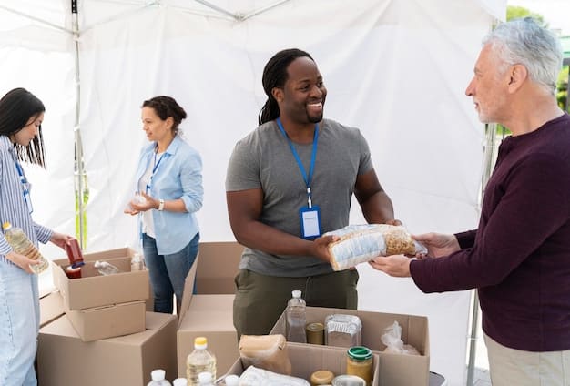 A diverse group of people receiving aid supplies from UN relief workers at a community center in a low-income neighborhood. The scene shows a mix of essential supplies like food, water, and hygiene kits.