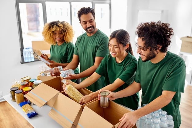 UN staff and local volunteers working together at a food bank in the US. They are sorting and packing food items into boxes for distribution to needy families. The scene shows teamwork and cooperation, with diverse individuals working side by side.