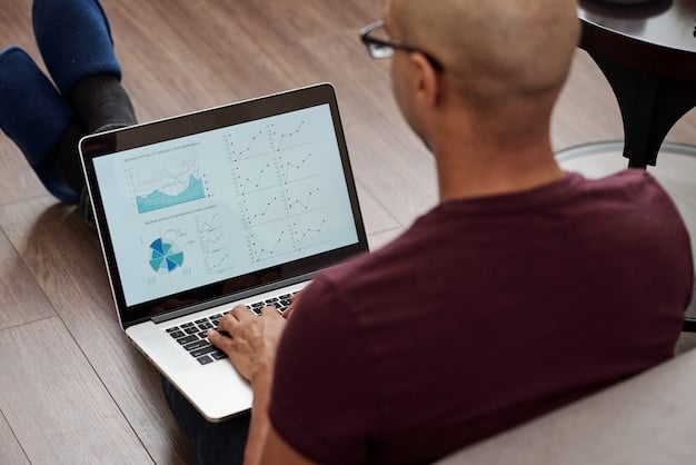 A close-up photograph of a data analyst reviewing a dashboard on a computer screen, displaying charts and graphs related to aid distribution and impact, with annotations highlighting key trends in the data.