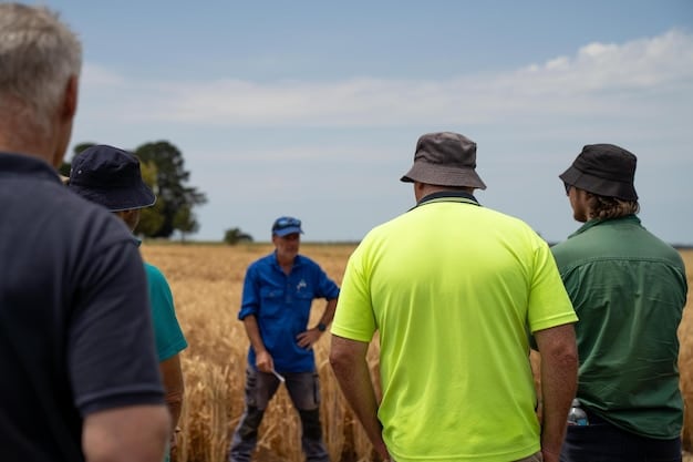 A photo of a US development aid worker training local farmers in sustainable agricultural techniques in a developing country. The backdrop includes lush green fields and modern farming equipment, symbolizing the potential for US aid to foster long-term agricultural development and self-sufficiency