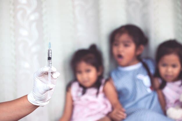 A photo of a medical team from an international aid organization providing vaccinations to children in a rural village, emphasizing the positive impact of medical aid programs.