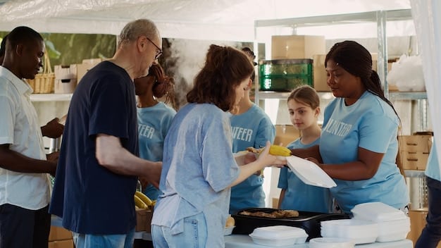 A diverse group of volunteers and aid workers assisting residents in a US community affected by a major hurricane. The scene should show people working together to clear debris, distribute supplies, and provide emotional support.