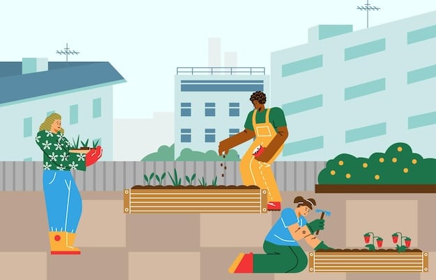 A community garden in an urban area, with residents tending to plants and vegetables. The image should highlight the importance of sustainable agriculture and community resilience in the face of food insecurity.