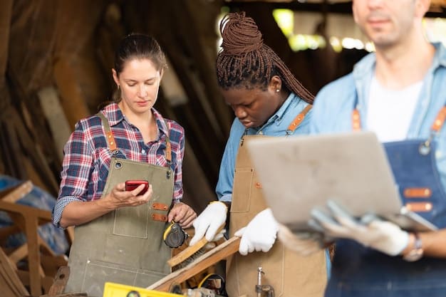 Refugees are participating in a vocational training program, learning skills such as tailoring, carpentry, or computer repair. The training is being conducted by instructors from a US-based aid organization.