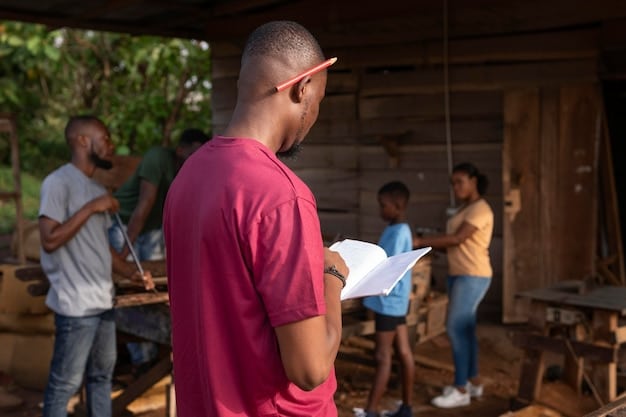 A photograph of a community center in a low-income neighborhood in the US, showing educational programs and workshops being conducted with support from an international aid organization.